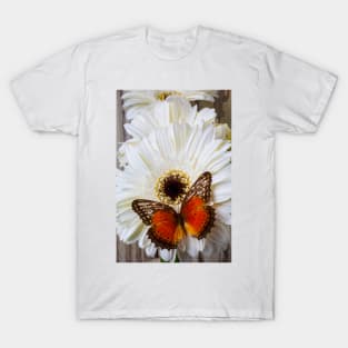 Brown Butterfly Resting On White Daisy T-Shirt